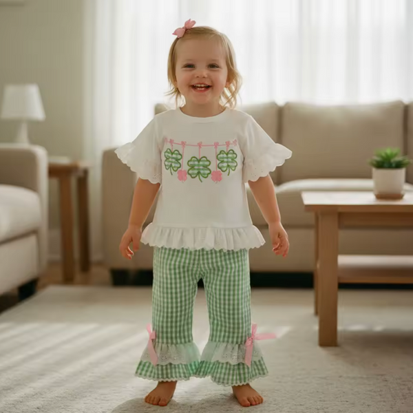 Ruffle Top & Pants Set | Gingham Green Clovers - PREORDER