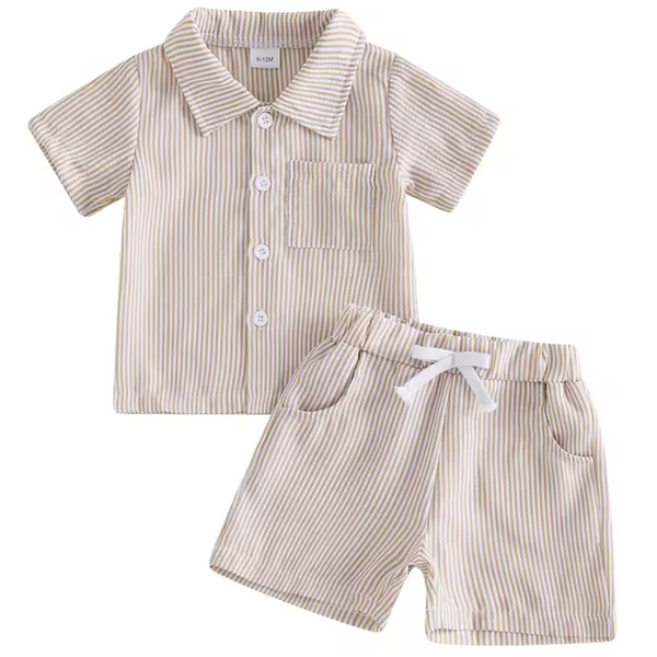 Stripe Collar Top & Shorts Set | Brown - PREORDER