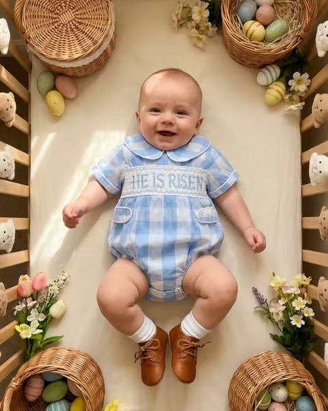 Smocked Collar Romper | He is Risen Plaid - PREORDER