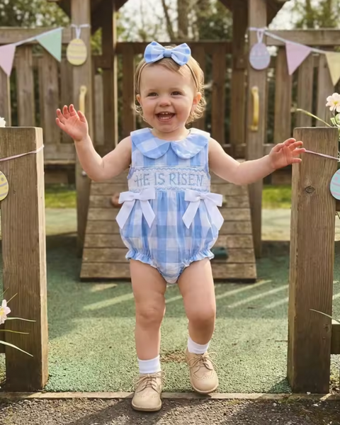 Smocked Collar Bows Romper | He is Risen Plaid - PREORDER