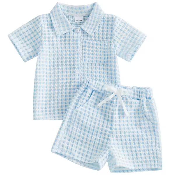 Pointelle Collar Top & Shorts Set | Gingham Blue - PREORDER