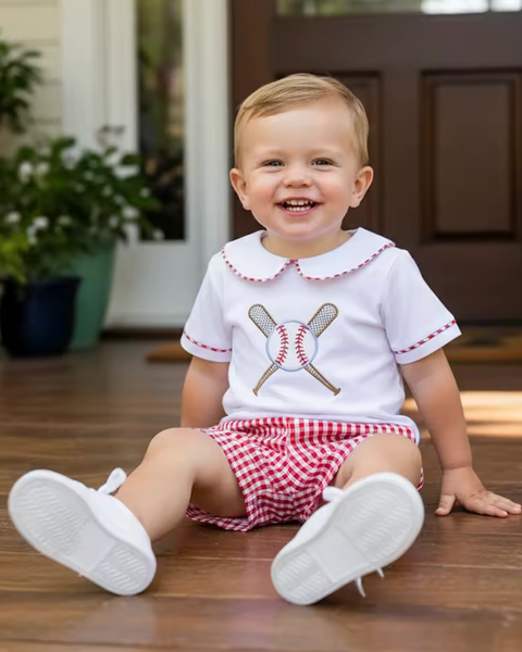 Smocked Collar Top & Shorts Set | Baseball Gingham - PREORDER