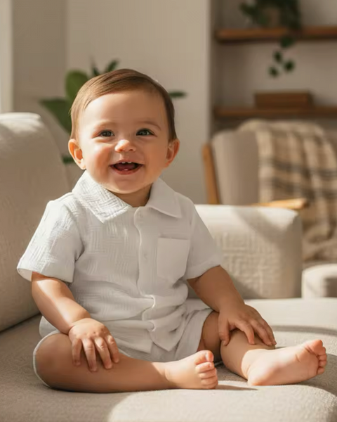 Textured Lines Collar Top & Shorts Set | White - PREORDER