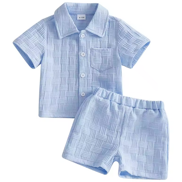 Textured Lines Collar Top & Shorts Set | Blue - PREORDER