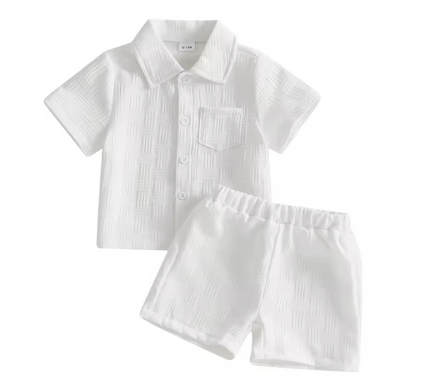 Textured Lines Collar Top & Shorts Set | White - PREORDER