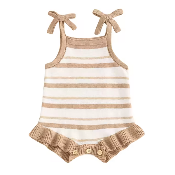 Knit Tank Sweater Ruffle Romper | Brown Stripe - PREORDER