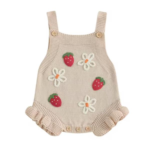 Knit Tank Sweater Ruffle Romper | Beige Strawberry & Daisy - PREORDER