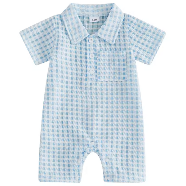 Pointelle Collar Shorts Romper | Blue Gingham - PREORDER