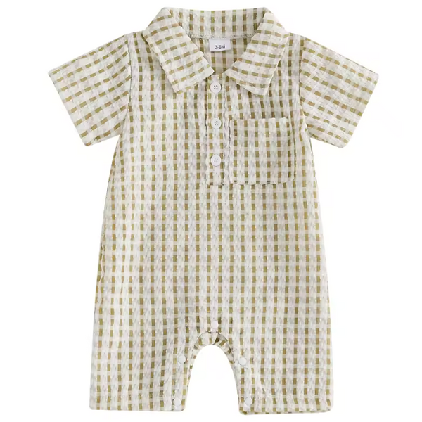 Pointelle Collar Shorts Romper | Beige Gingham - PREORDER