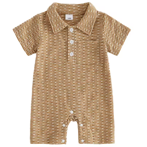 Textured Collar Shorts Romper | Brown - PREORDER