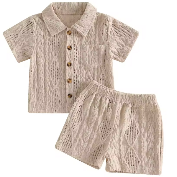 Textured Collar Top & Shorts Set | Beige - PREORDER