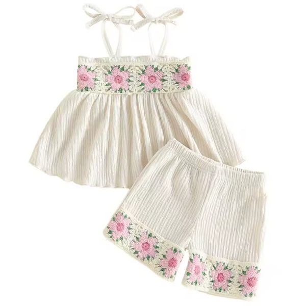 Muslin Tank & Shorts Set | Beige Floral Lace - PREORDER