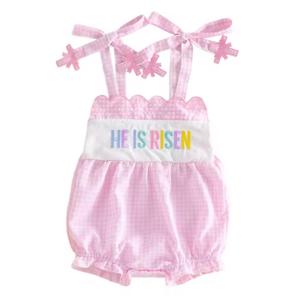 Smocked Scalloped Tank Romper | He is Risen Gingham - PREORDER