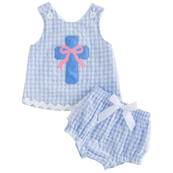 Ruffle Top & Short Set | Gingham Cross Bow - PREORDER