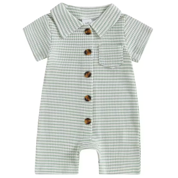 Waffle Collar Shorts Romper | Green Stripe - PREORDER