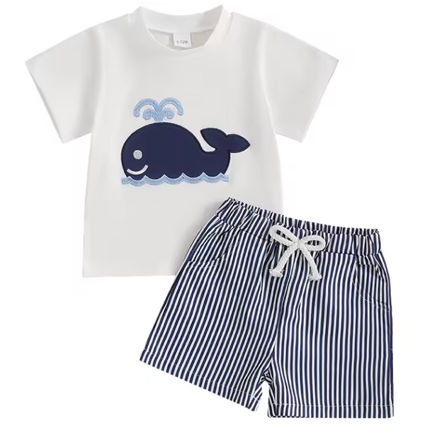 Top & Shorts Set | Striped Whale - PREORDER