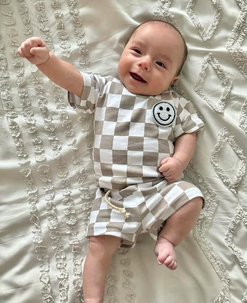Checkered Smiley Top & Shorts Set | Latte - PREORDER