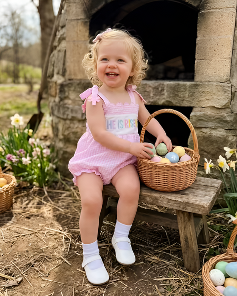 Smocked Scalloped Tank Romper | He is Risen Gingham - PREORDER