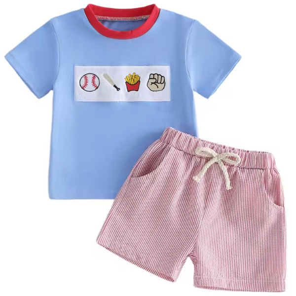 Embroidered Top & Shorts Set | Baseball Season Stripe - PREORDER