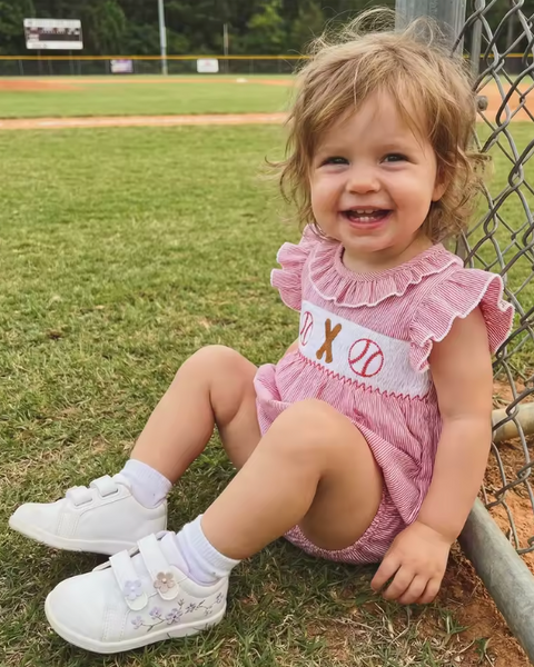 Smocked Bubble Romper | Baseball & Bat Stripe - PREORDER