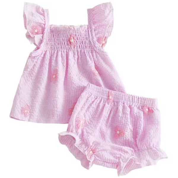 Embroidered Tank & Shorts Set | Pink Flower Gingham - PREORDER