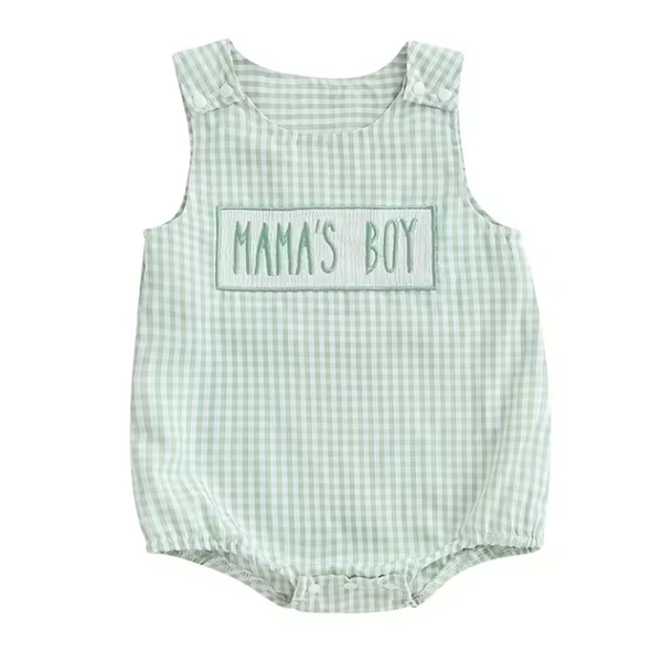 Embroidered Smocked Bubble Romper | Green Mamas Boy Gingham - PREORDER