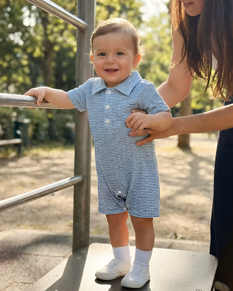 Textured Collar Shorts Romper | Blue - PREORDER