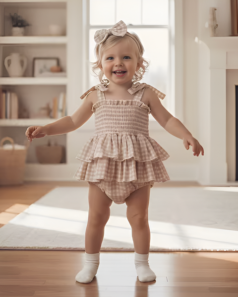 Bubble w/ Skirt Romper | Beige Gingham - PREORDER