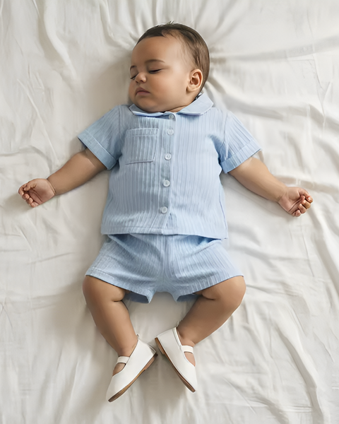 Pointelle Collar Top & Shorts Set | Blue - PREORDER