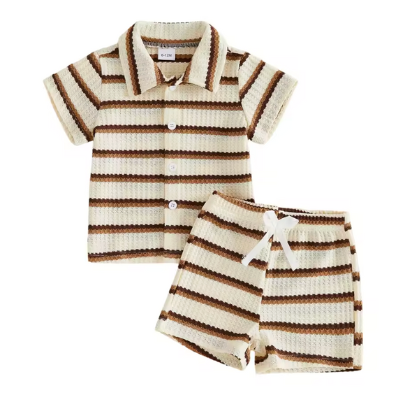 Pointelle Collar Top & Shorts Set | Beige Stripe - PREORDER