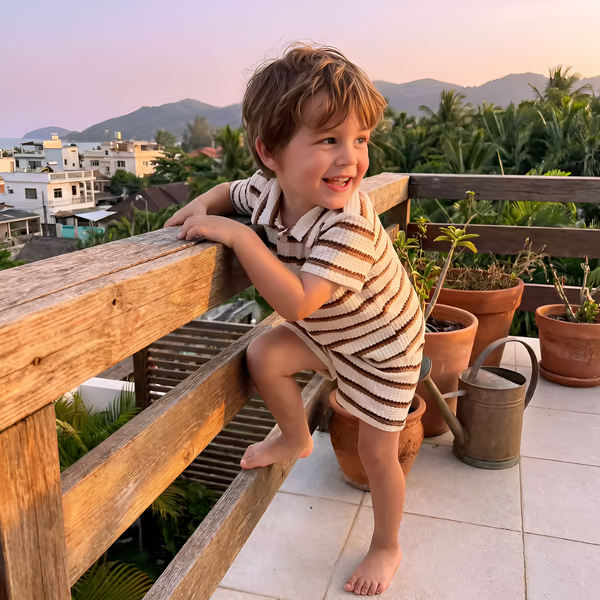 Pointelle Collar Top & Shorts Set | Beige Stripe - PREORDER
