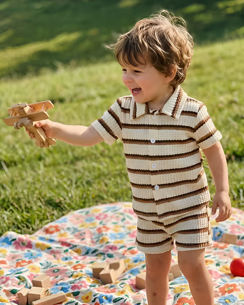 Pointelle Collar Top & Shorts Set | Beige Stripe - PREORDER