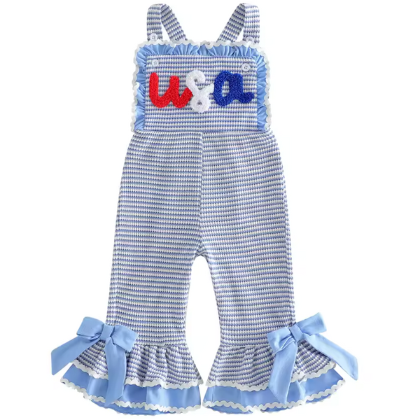 Waffle Ruffle Bells Jumpsuit | Blue Striped USA - PREORDER