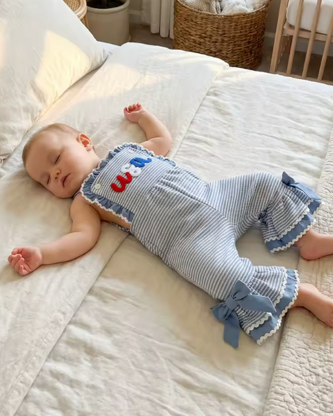 Waffle Ruffle Bells Jumpsuit | Blue Striped USA - PREORDER