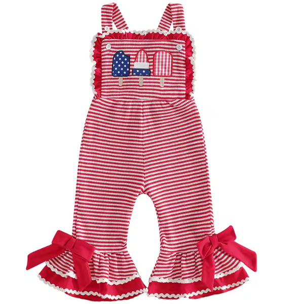 Waffle Ruffle Bells Jumpsuit | Red Striped USA Popsicle - PREORDER