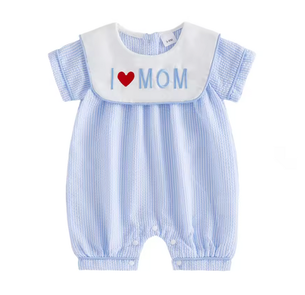 Smocked Shorts Romper | I Love Mom Stripe - PREORDER