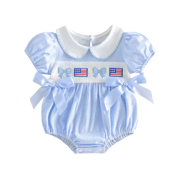 Smocked Collar Romper | Flags & Bows Stripe - PREORDER
