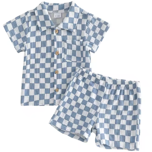 Muslin Collar Top & Shorts Set | Blue Checkerboard - PREORDER