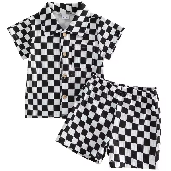 Muslin Collar Top & Shorts Set | Black Checkerboard - PREORDER