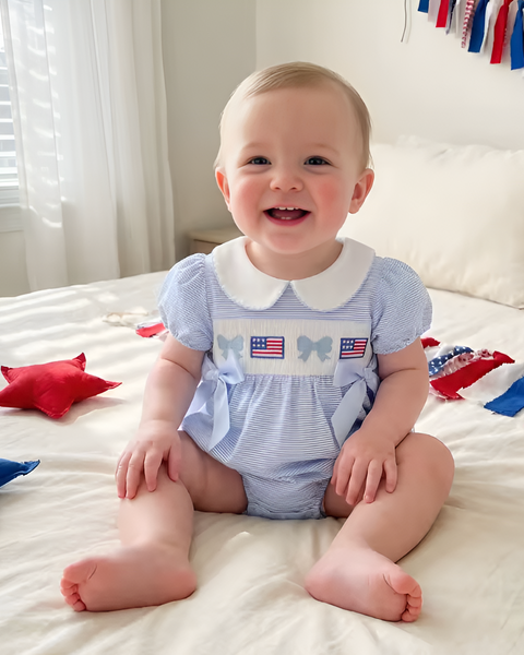 Smocked Collar Romper | Flags & Bows Stripe - PREORDER