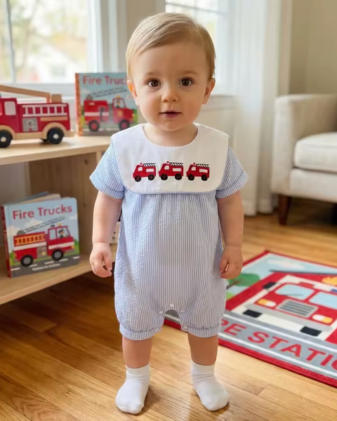 Smocked Shorts Romper | Firetrucks Stripe - PREORDER