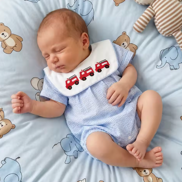 Smocked Shorts Romper | Firetrucks Stripe - PREORDER
