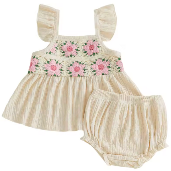 Muslin Tank & Shorts Set | Beige Floral Lace - PREORDER