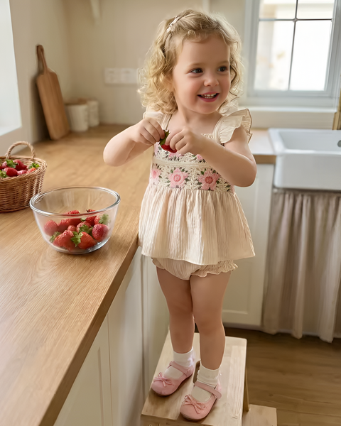 Muslin Tank & Shorts Set | Beige Floral Lace - PREORDER