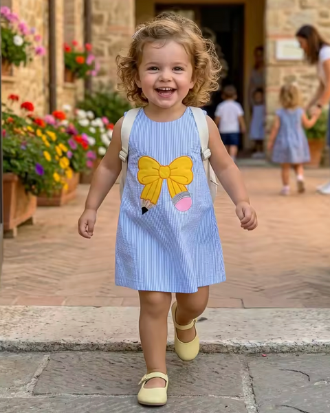 Smocked Dress | Blue Pencil Bow Stripe - PREORDER