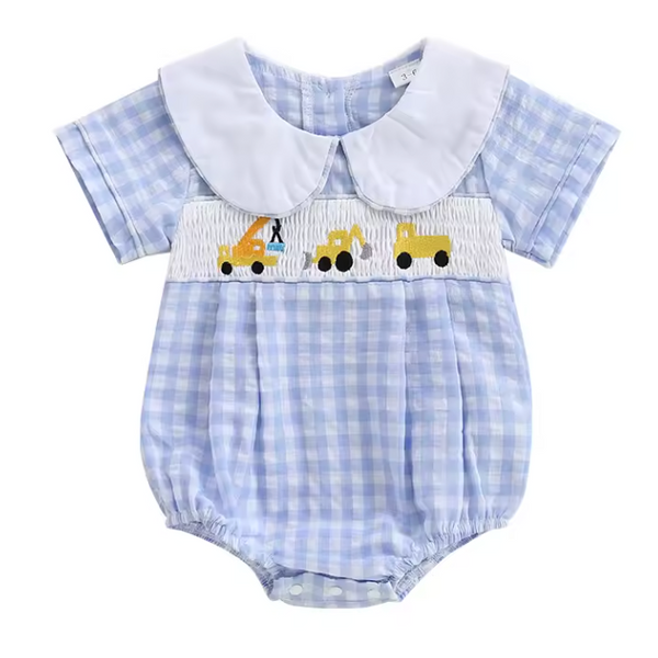 Embroidered Smocked Collar Romper | Construction Trucks Gingham - PREORDER