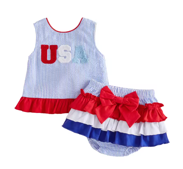 Smocked Ruffle Tank & Shorts Set | USA Stripe - PREORDER