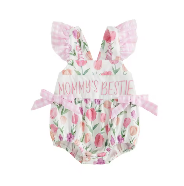 Smocked Bows Romper | Mommys Bestie Floral Gingham - PREORDER