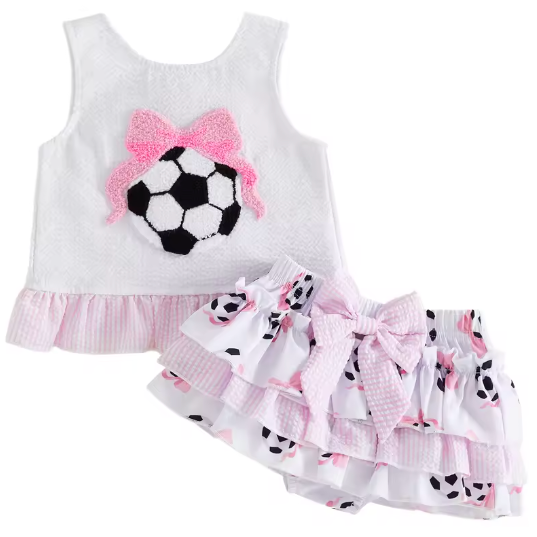 Smocked Ruffle Tank & Shorts Set | Soccer Ball Bow - PREORDER