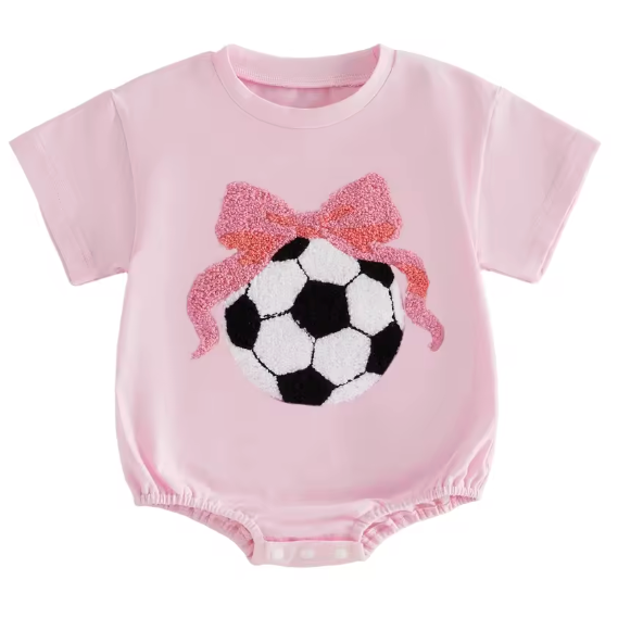 Bubble Romper | Pink Soccer Ball Bow - PREORDER